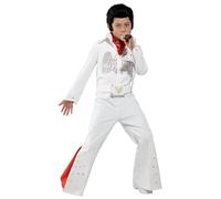 Smiffys Elvis Costume in White for Kids, Jumpsuit and Scarf, Officially Licensed, All-in-One White Jumpsuit with Sequin Detail and Flared Trouser Red Insert, Perfect for Fancy Dress Halloween