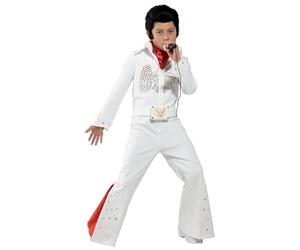 Smiffys Elvis Costume in White for Kids, Jumpsuit and Scarf, Officially Licensed, All-in-One White Jumpsuit with Sequin Detail and Flared Trouser Red Insert, Perfect for Fancy Dress
