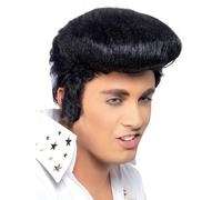 Smiffys Elvis Deluxe Wig for Adults, Black with High Quiff and Sideburns, Officially Licensed, Iconic Hairstyle, Ideal for Matching Costume and Fancy Dress for Music-Themed Parties