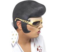 Black Elvis Headpiece - elvis headpiece fancy dress smiffys wig presley mens adult mask costume Rubber accessory licensed hair glasses shades