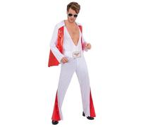 Smiffys Elvis Presley White Jumpsuit Costume for Adults, Officially Licensed 1970s Rock 'n' Roll Outfit with Cape, King of Rock Elvis Fancy Dress for Men, 70s Music Icon Jumpsuit, Large