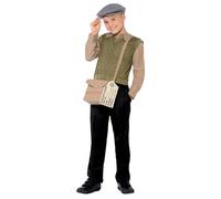 Smiffys Evacuee Boy Kit Green with Jumper Attached Mock Shirt Hat Bag and Tag