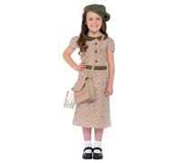 Smiffys Evacuee Girl Costume, Patterned with Dress, Satchel, ID Tag & Beret, Girls Fancy Dress, 1940s Dress Up Costumes