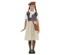 Smiffys Evacuee School Girl Costume, Grey with Dress, Hat, Bag & Name Tag, Girls Fancy Dress, Child Dress Up Costumes