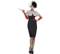 Cruella Costume Evil Madame Ladies Womens Day Dalmation Print Fancy Dress New