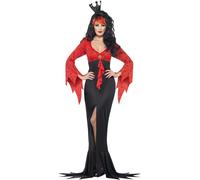 Smiffys Evil Queen Costume, Red & Black with Dress with Bat Print Fabric, Halloween Adult Fancy Dress, Vampire Dress Up Costumes