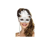 Smiffy's Fever Baroque Fantasy Eyemask With Feathers And Handle - Silver - - silver baroque eyemask fancy dress smiffys fantasy feathers fever