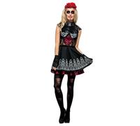 Smiffys Fever Day of the Dead Costume, Black with Dress, Attached Underskirt & Rose Headband, Fever Fancy Dress, Halloween Dress Up Costumes