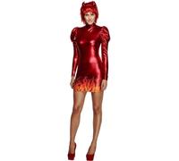 Smiffys Fever Devil Costume, Red with Wet Look Dress and Horns, Fever Fancy Dress, Devil Dress Up Costumes