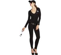 Smiffys Fever FBI Flirt Costume, Black with Bodysuit, Belt and Cap, Fever Fancy Dress, Cops and Robbers Dress Up Costumes