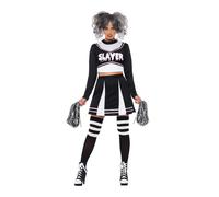 Smiffys Fever Gothic Cheerleader Costume, Black with Crop Top, Skirt & Pom Poms, Fever Fancy Dress, Halloween Dress Up Costumes
