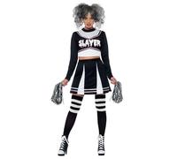 Smiffys Fever Gothic Cheerleader Costume, Black with Crop Top, Skirt & Pom Poms, Fever Fancy Dress, Halloween Dress Up Costumes
