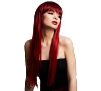 Smiffys Fever Jessica Wig, True Blend, Ruby Red Dark Roots, Long Feathered with Fringe, 66cm/ 26in, Fever Wigs Fancy Dress, Halloween Fancy Dress Accessories Dress Up Wigs