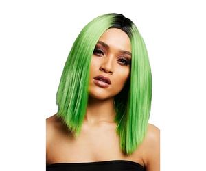 Smiffys Fever Kylie Wig, Two Toned Blend, Lime Green Inverted Long Bob, Centre Parting, 37cm/ 15in, Fever Wigs Fancy Dress, Fever Dress Up Wigs