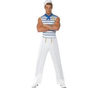 Smiffys Fever Male French Sailor Costume, White with Top, Trousers and Neck Scar