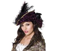Smiffys Fever Marauding Pirate Hat, Purple with Feathers and Ribbon, Fever Accessories Fancy Dress, Fever Dress Up Hats