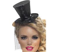 Smiffys Fever Mini Top Hat on Headband, Black with Detachable Netting, Fever Accessories Fancy Dress, Fever Dress Up Hats