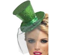 Smiffys Fever Mini Top Hat on Headband, Green with Detachable Netting, Fever Accessories Fancy Dress, Fever Dress Up Hats