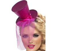 Smiffy's Fever Mini Tophat On Headband - Hot Pink - hat mini top pink fancy dress headband ladies glitter hot fever