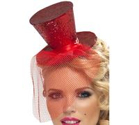 Smiffys Fever Mini Top Hat on Headband, Red with Detachable Netting, Fever Accessories Fancy Dress, Fever Dress Up Hats