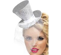 Smiffys Fever Mini Top Hat on Headband, Silver with Detachable Netting and Glitter Detail, Burlesque Showgirl Fancy Dress Accessory, Fever Adult Costume Hats for Party & Cabaret Looks