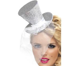 Smiffys Fever Mini Top Hat on Headband, Silver with Detachable Netting and Glitter Detail, Burlesque Showgirl Fancy Dress Accessory, Fever Adult Costume Hats for Party & Cabaret Looks