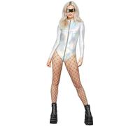 Smiffys Fever Miss Whiplash Mirror Holographic Bodysuit Zip-Through, Fever Fancy Dress, Fever Dress Up Costumes