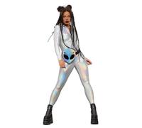 Smiffys Fever Miss Whiplash Mirror Holographic Costume with Zip Up Catsuit, Fever Fancy Dress, Fever Dress Up Costumes