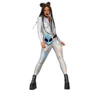 Smiffys Fever Miss Whiplash Mirror Holographic Costume with Zip Up Catsuit, Fever Fancy Dress, Fever Dress Up Costumes
