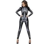 Smiffys Fever Miss Whiplash Skeleton Costume with Printed Catsuit UK Dress 12-14