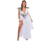 Smiffys Fever Monster Mummy Bride Costume for Women, White Long Dress with Silver Detail and Shoulder Accents, Gothic Fantasy Horror Halloween Fancy Dress Outfit Large
