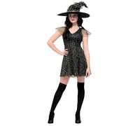 Smiffys Fever Moon & Stars Witch Costume, Black & Gold with Dress & Hat, Fever Fancy Dress, Witch Dress Up Costumes
