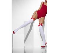 Adult's White Opaque Stockings - white stockings with red ladies hold opaque bows womens fancy dress ups holdups thigh