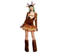 Smiffys Fever Reindeer Costume, Tutu Dress, Brown with Detachable Clear Straps, Jacket & Bootcovers, Fever Fancy Dress, Adult Dress Up Costumes