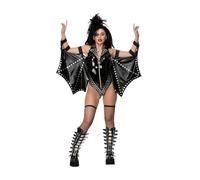 Smiffys Fever Rockstar Costume for Women, Medium Sexy Black Vinyl Bodysuit with Studded Wing Sleeves - Glam Rock Fancy Dress for Festivals, Gigs, Stage Shows & Halloween