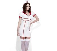 Smiffys Fever Role-Play Nurse Wet Look Costume, White with Dress, Detachable Suspenders & Headpiece, Fever Role Play Fancy Dress, Adult Dress Up Costumes