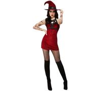 Smiffys Fever Satanic Witch Costume, Red Dress, Hat and Removable Shoulder Harness, Fever Fancy Dress, Fever Dress Up Costumes