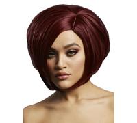 Smiffys Fever Savanna Wig, True Blend, Deep Red Asymmetric Bob, Side Parting, 30cm/ 12in, Fever Wigs Fancy Dress, Fever Dress Up Wigs