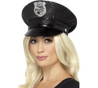 Smiffys Fever Sequin Police Hat, Black