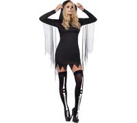 Smiffys Fever Sexy Reaper Costume, Black with Short Hooded Dress, Fever Fancy Dress, Halloween Dress Up Costumes, World Book Day