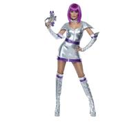 Smiffys Fever Space Cadet Costume, Silver Metallic with Dress, Belt, Arm Cuffs and Boot Cuffs, Fever Fancy Dress, Adult Dress Up Costumes