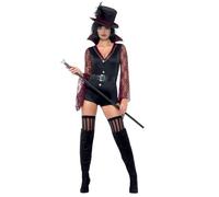 Smiffys Fever Vampire Costume, Black with High Collar Bodysuit, Attached Belt & Hat, Fever Fancy Dress, Vampire Dress Up Costumes