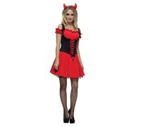 Smiffys Fever Wicked Devil Costume, Red with Attached Underskirt and Horns, Fever Fancy Dress, Devil Dress Up Costume