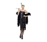 Smiffys Flapper Costume, Black with Dress, Sash Belt and Headpiece, 1920's Razzle Fancy Dress, Adult Dress Up Costumes