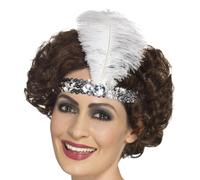 Smiffys Flapper Headband, Silver with Feather, 1920's Razzle Fancy Dress, Adult Dress Up Accessories