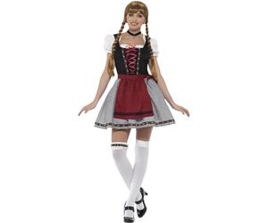 Smiffys Flirty Fräulein Bavarian Costume, Black with Short Dress, Mock Suede Bodice, Top & Apron, Oktoberfest Fancy Dress, Adult Dress Up Costumes