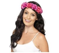 Smiffys Floral Headband, Pink , Hawaiian Luau Fancy Dress, Hawaiian Dress Up Accessories