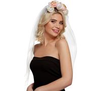 Smiffys Floral Headband, White & Pink with Veil, Hen & Stag Night Fancy Dress, Adult Dress Up Accessories