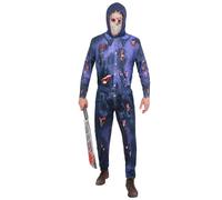Smiffys Friday the 13th Adult Costume, Official Warner Bros Jason Voorhees Blue Boiler Suit with Hood and Mask Print, Halloween Fancy Dress Men, Medium