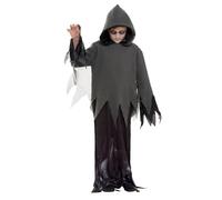 Kids Grim Reaper Costume Black Robe Ghoul Scary Halloween Fancy Dress Outfit